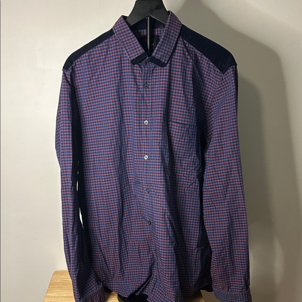 Hugo Boss Men's Blue and Red Checkered Shirt